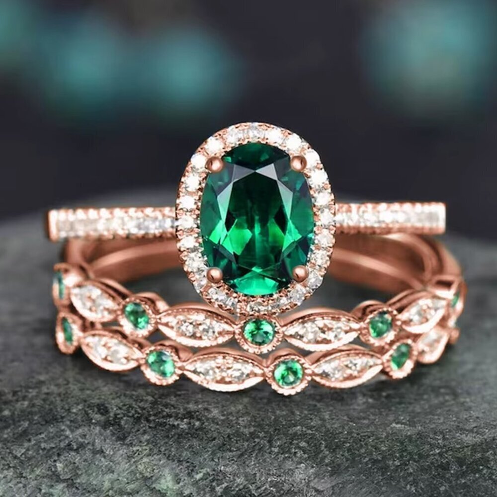 14k Rose Gold Diamond Emerald Ring Band Set of 3 Rings